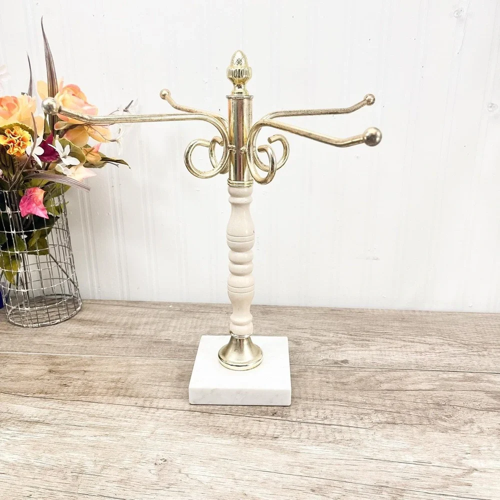 Vintage Brass Marble Jewelry Stand, 4-Arm Rotating Organizer Decor